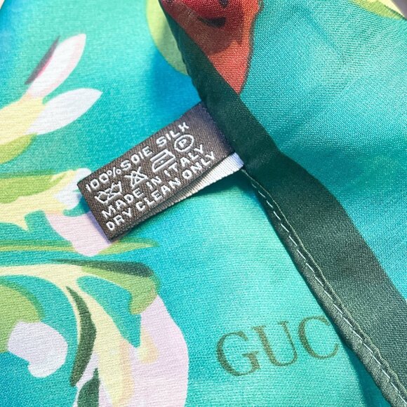 Gucci Floral 100% Silk Scarf Green Pink Design 35" x 70" Rectangle - Picture 10 of 10